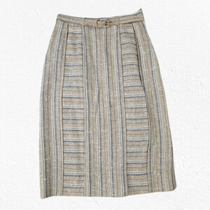 1950s Vintage Beige Striped Tweed Annette Ross High Waisted Belted Skirt Size 2